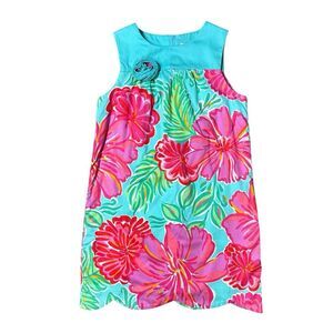 Lilly Pulitzer Girls Shift Dress Size 10 Floral Hibiscus Tropical Resort Blue